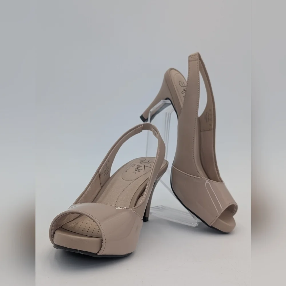 Life Stride Tannis Soft System Size 5M Taupe Patent Peep Toe Sling Back Heels